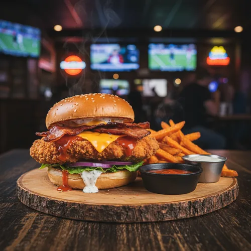 Spicy Chicken Bacon Burger at TOPS Pizza